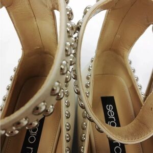 Sergio Rossi Beige Stud-Trimmed Leather Mules